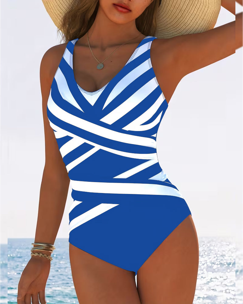 Traje de baño de una pieza casual a rayas con escote en V