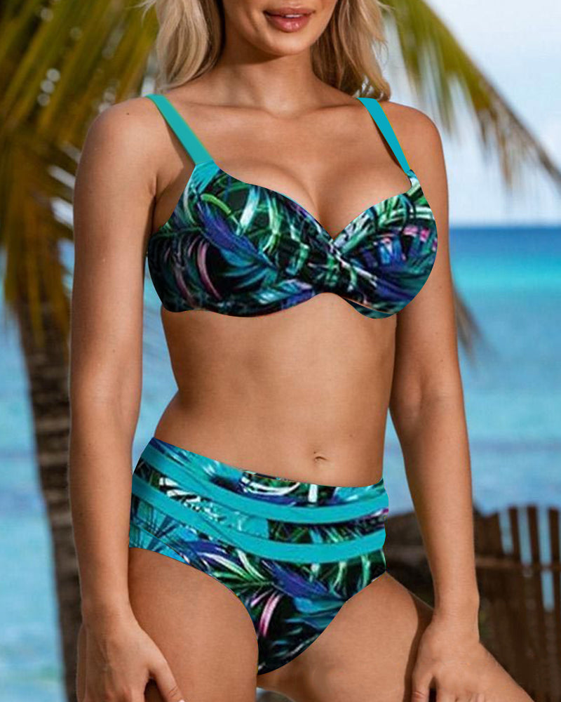 Bikini de estampado de hojas de tiro alto