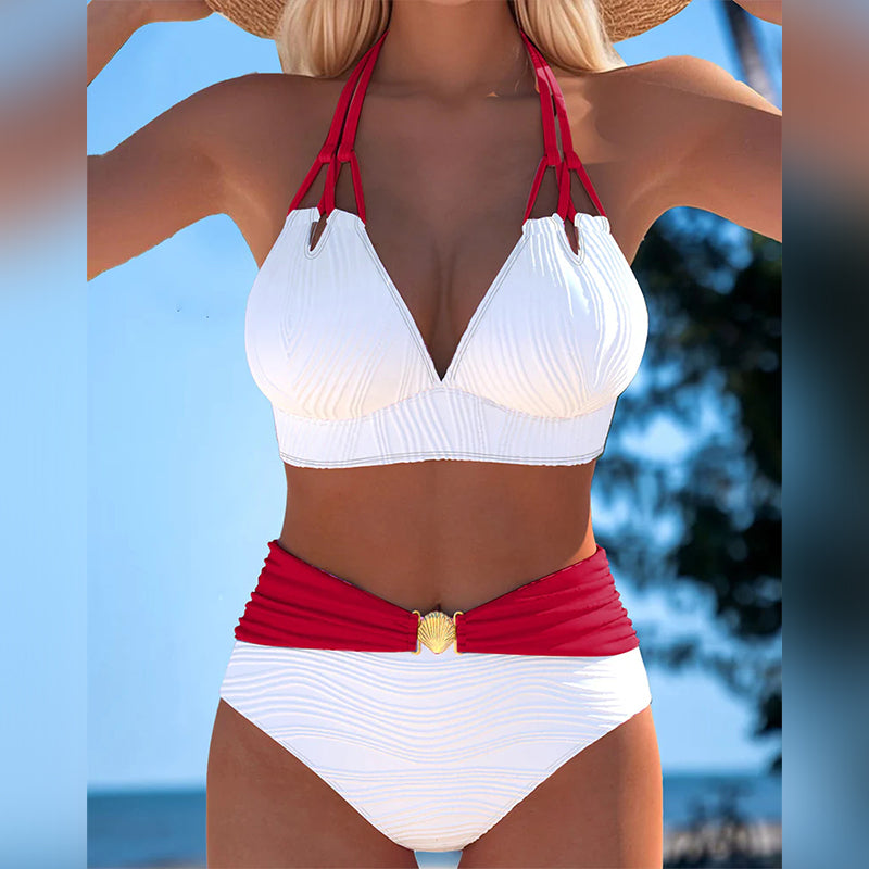 Traje de baño de tirantes dobles de talle alto con color en contraste