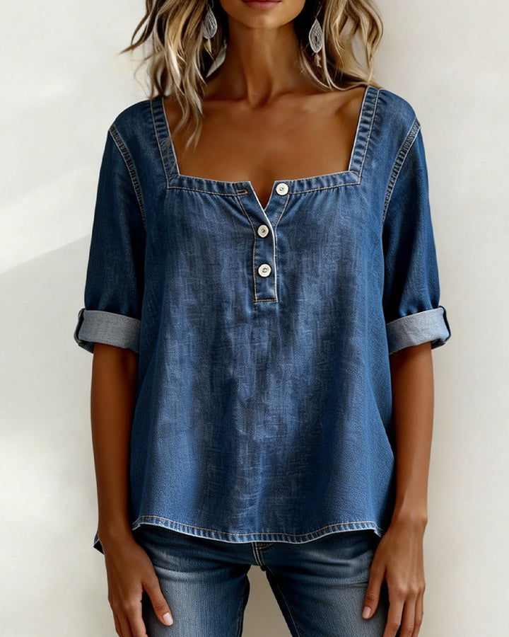 Camisa de denim con cuello cuadrado y manga corta