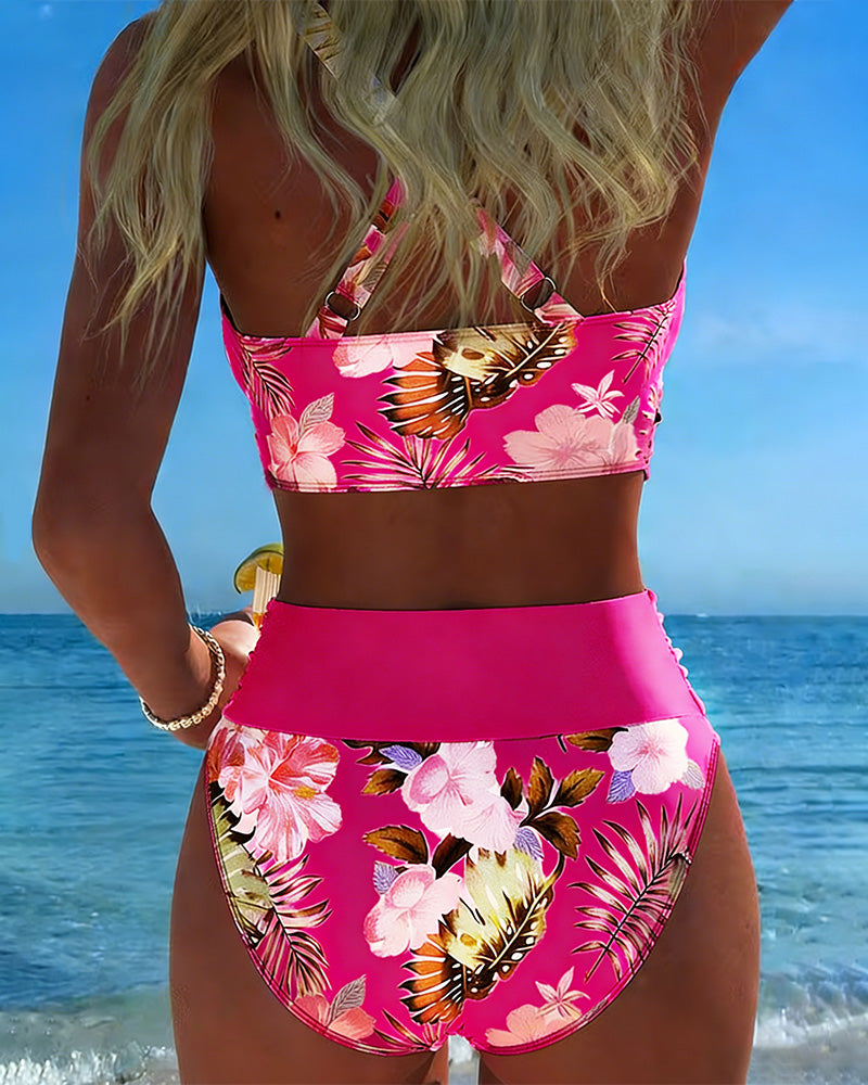 Bikini de contraste floral fendu