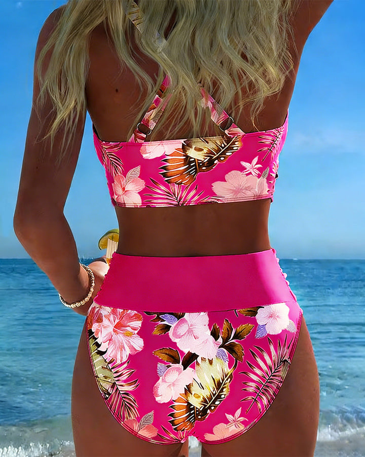 Bikini de contraste floral fendu