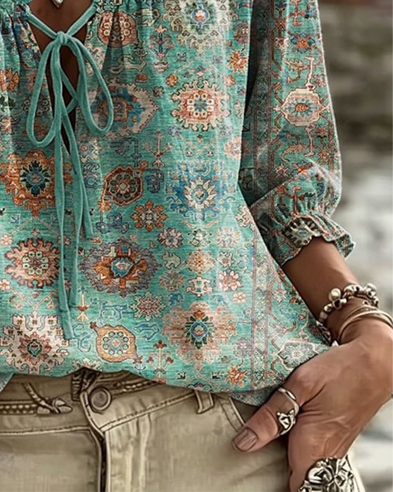 Blusa de escote en V con lazo, estampado vintage
