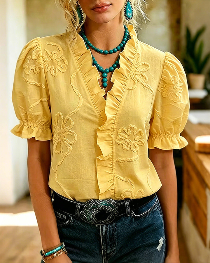 Blusa cuello en V con borde volante y manga abullonada