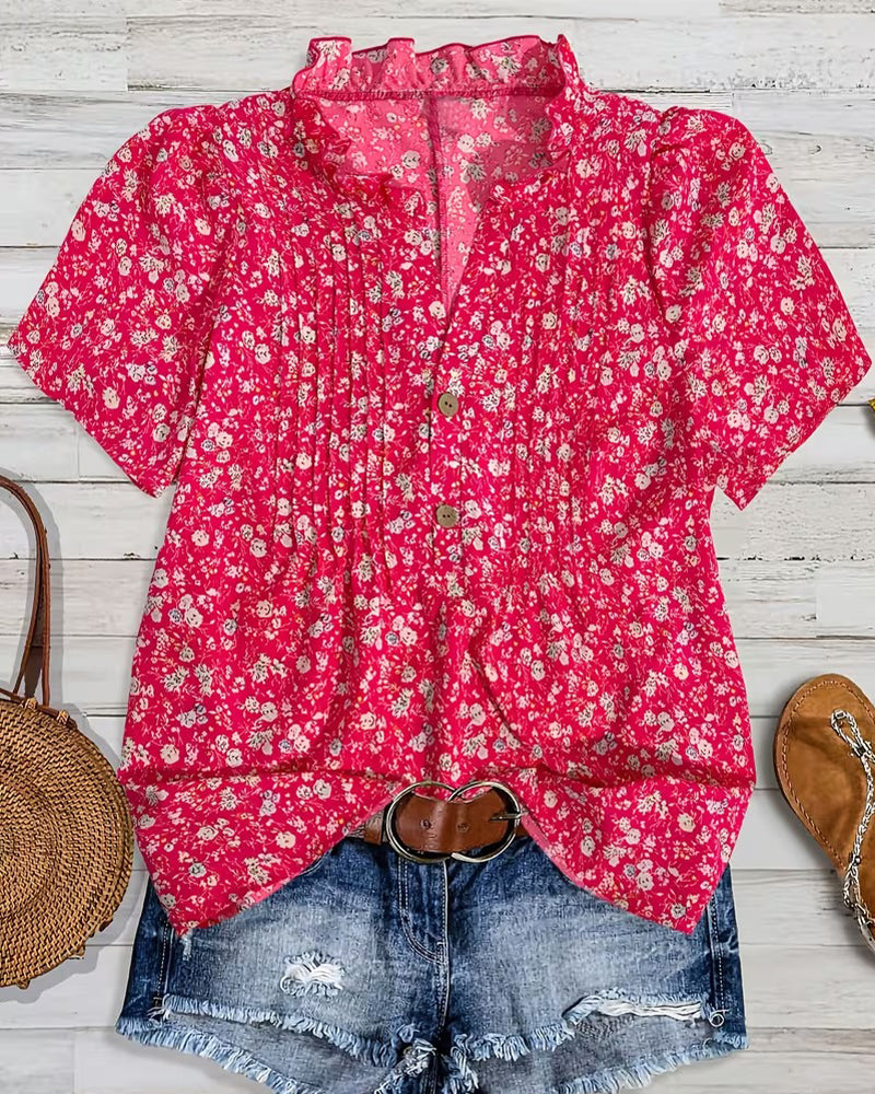 Blusa de escote en V con botones, estampado floral
