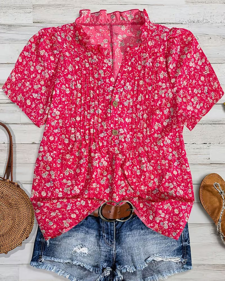 Blusa de escote en V con botones, estampado floral