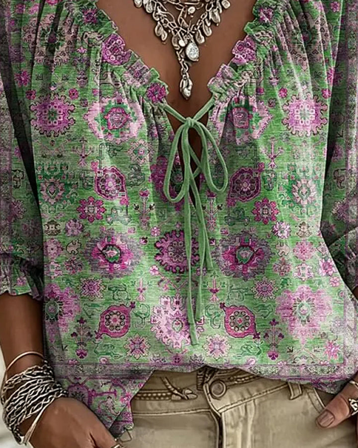 Blusa de escote en V con lazo, estampado vintage