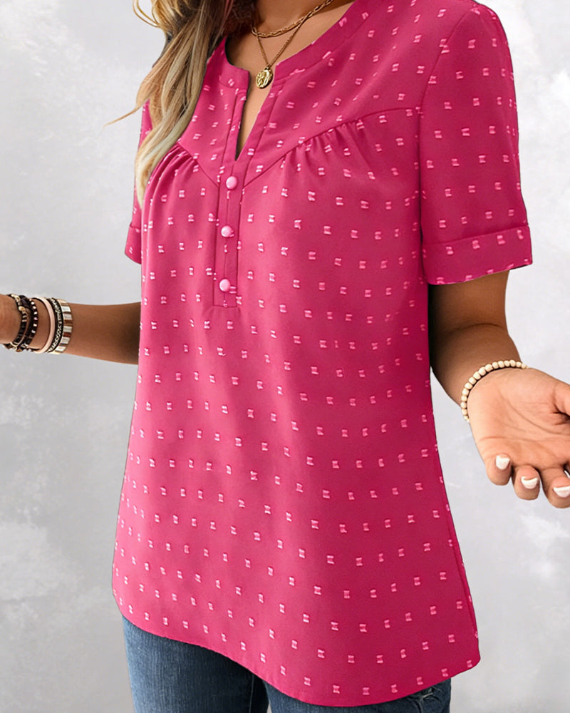 Blusa jacquard con cuello en V y tapeta parcial de manga corta