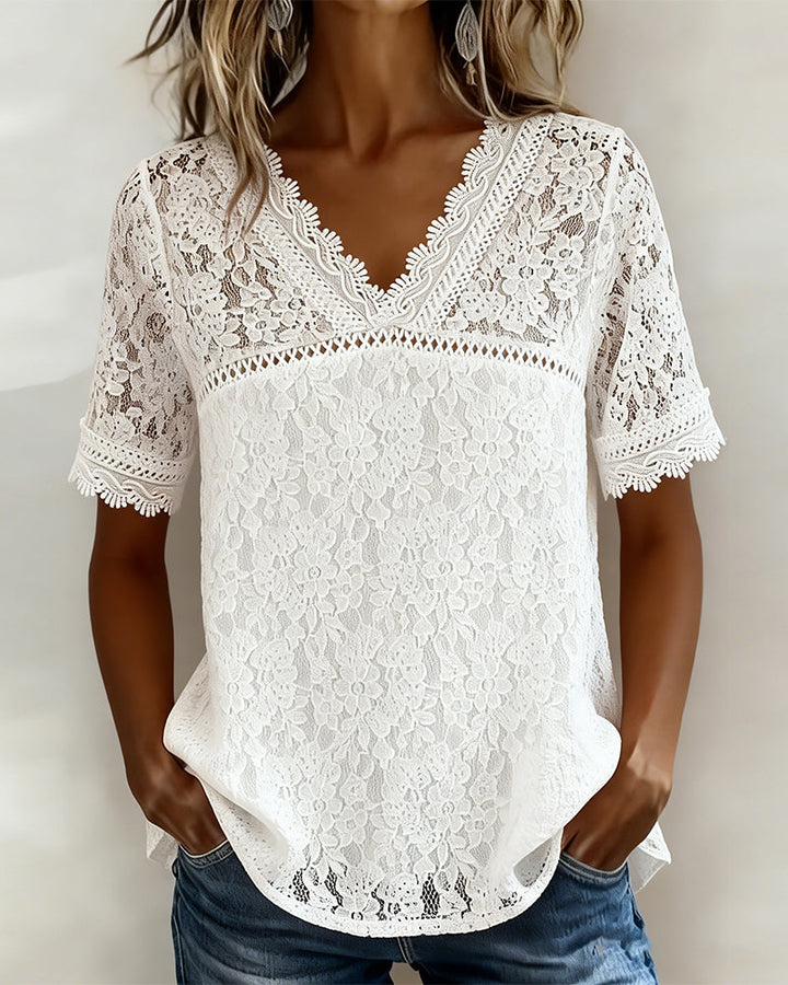 Blusa lisa de mangas cortas en encaje