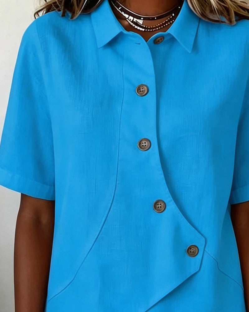 Camisa de algodón-lino asimétrica con botonadura