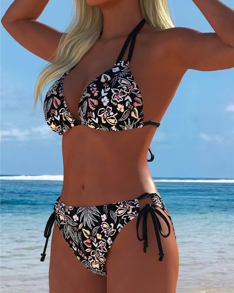 Bikini floral halter para atar, de dos piezas