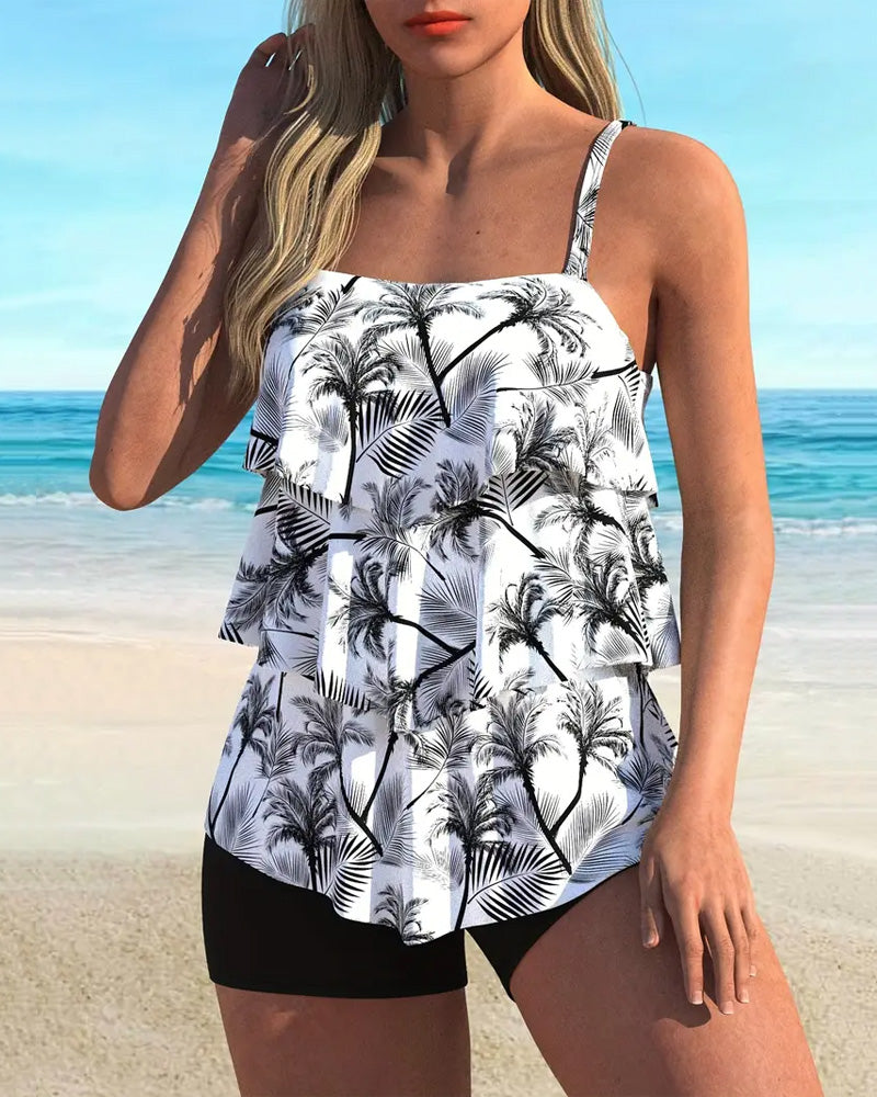 Tankini a la moda con tirantes estampado de dos piezas