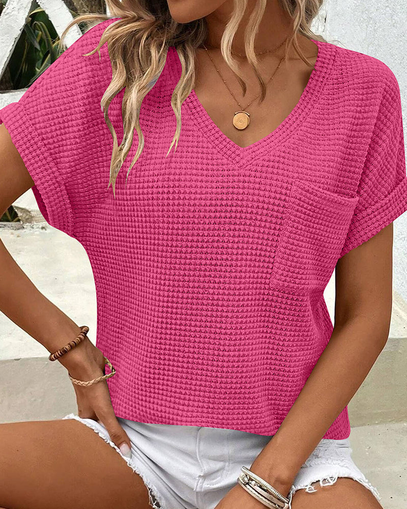 Camiseta para mujer de punto texturizado con escote en V, casual, verano
