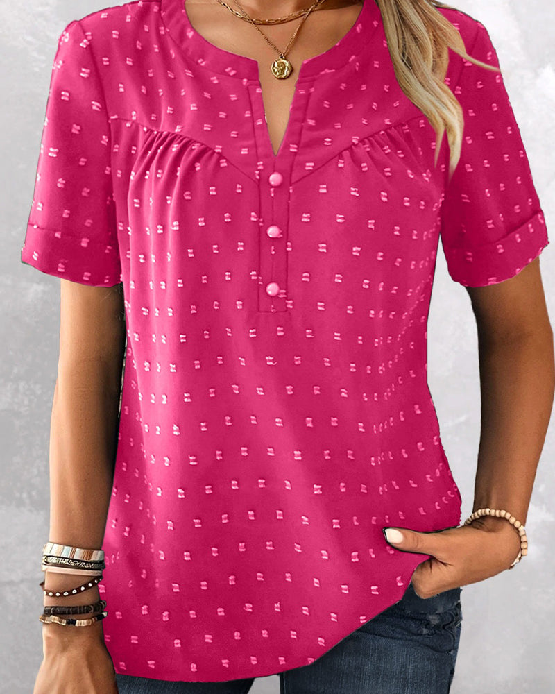 Blusa jacquard con cuello en V y tapeta parcial de manga corta