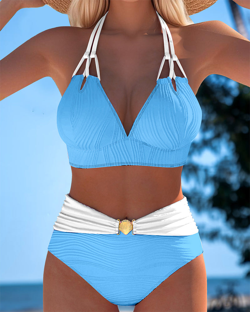Traje de baño de tirantes dobles de talle alto con color en contraste