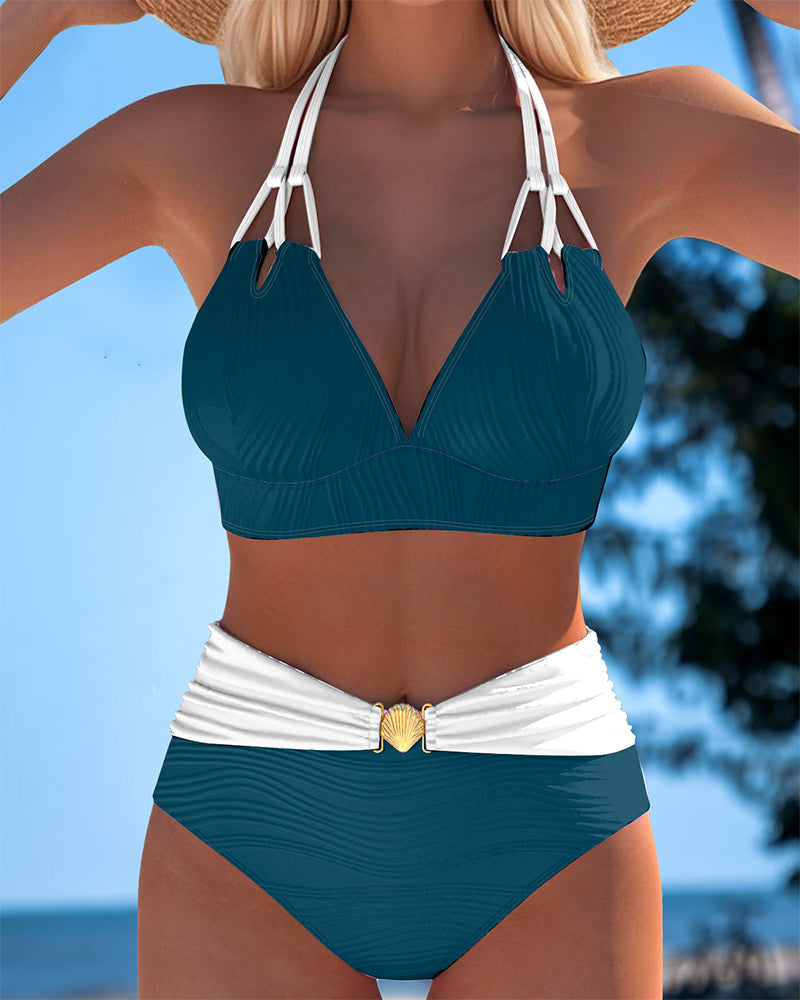 Traje de baño de tirantes dobles de talle alto con color en contraste