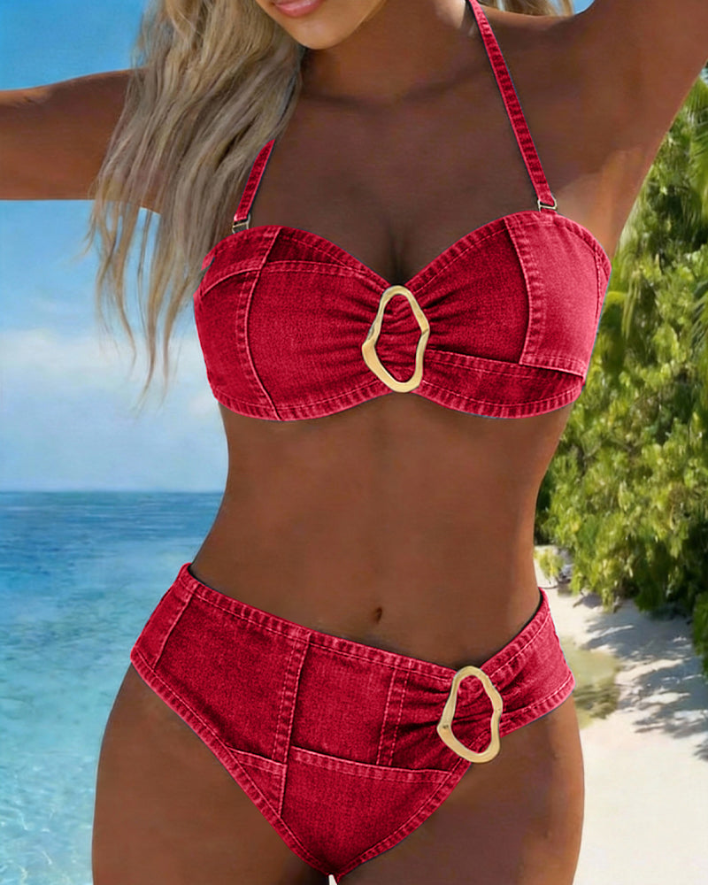 Bikini de dos piezas con liguero y hebilla metálica