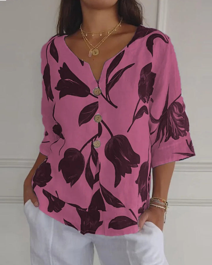 Top abotonado de algodón y lino con estampado floral
