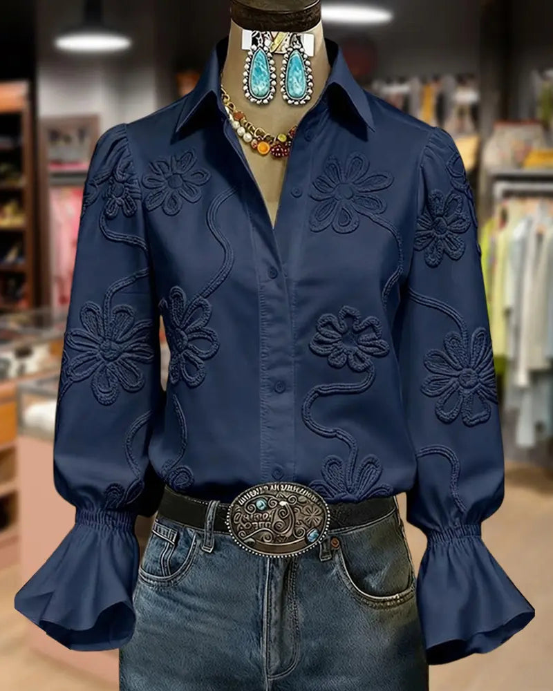 Camisa de flores con manga acampanada y cuello mandarín