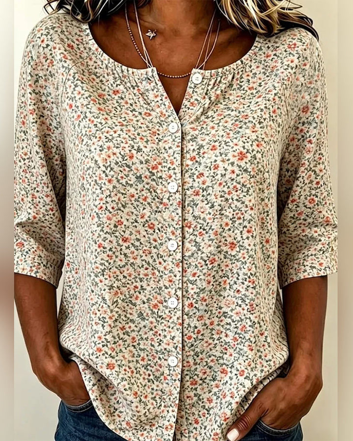 Blusas de cuello redondo con botones, estampado floral, manga 3/4