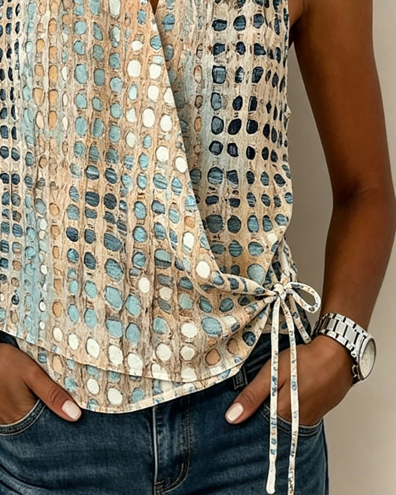 Blusa de escote en V cruzado halter de lunares sin mangas