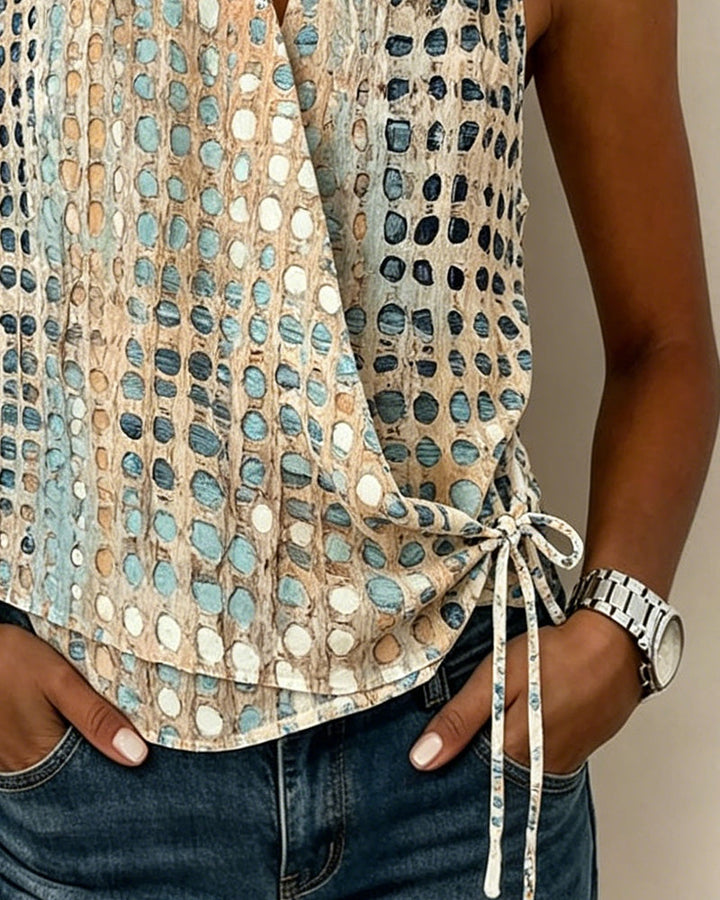 Blusa de escote en V cruzado halter de lunares sin mangas