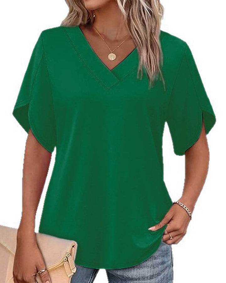 Camiseta de cuello en V, abertura pequeña, mangas cortas, lisa