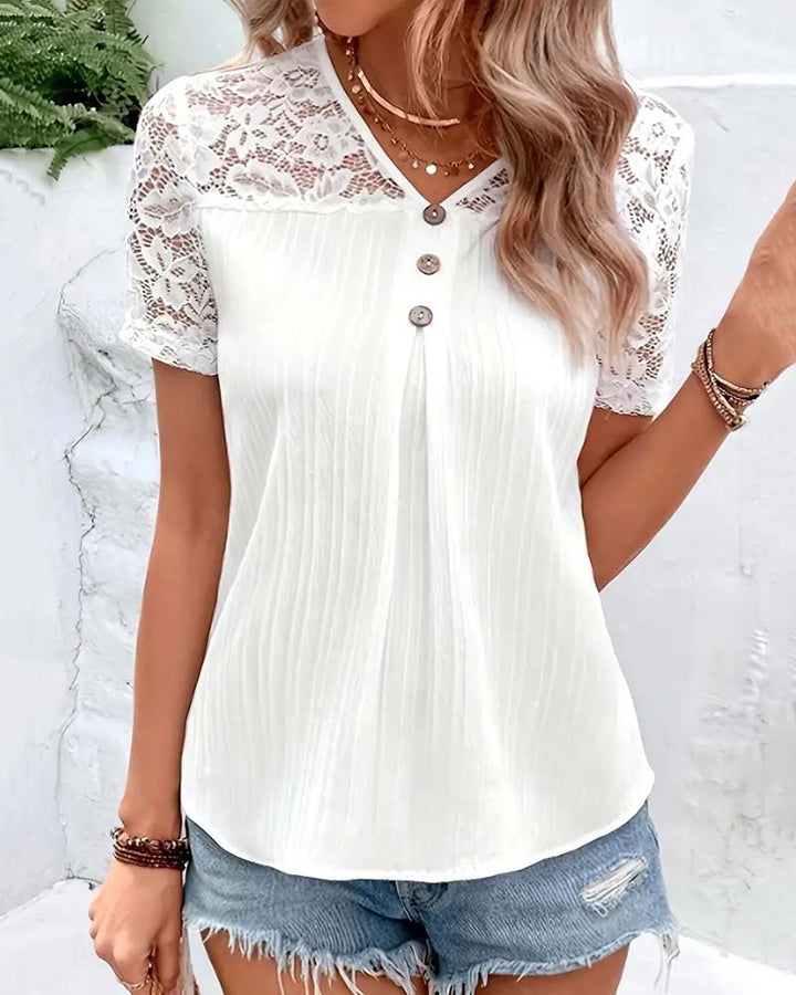 Blusa de escote en V liso con encaje de alta costura