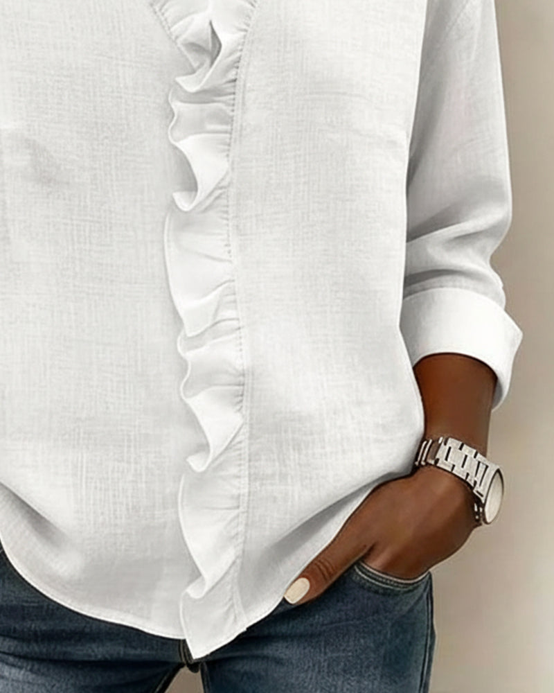 Blusa de manga larga con volantes y escote en V