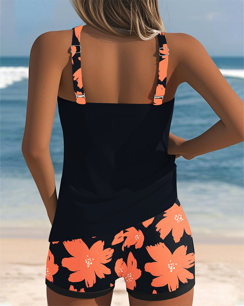 Tankini con escote en U, sin mangas, estampado tipo boxer