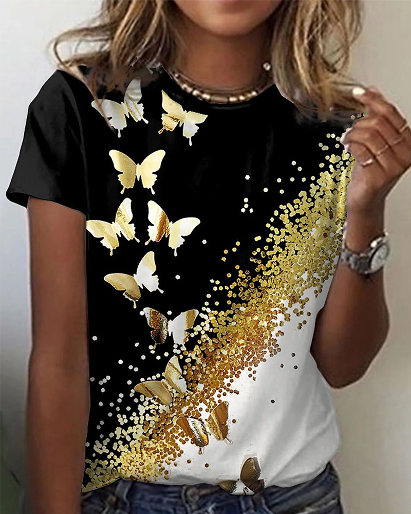 Camiseta estampada de cuello redondo sencillo