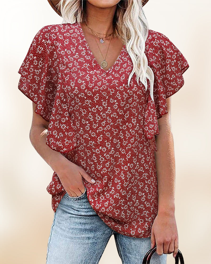 Camisa plisada de mangas cortas y cuello en V