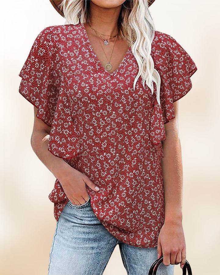 Camisa plisada de mangas cortas y cuello en V
