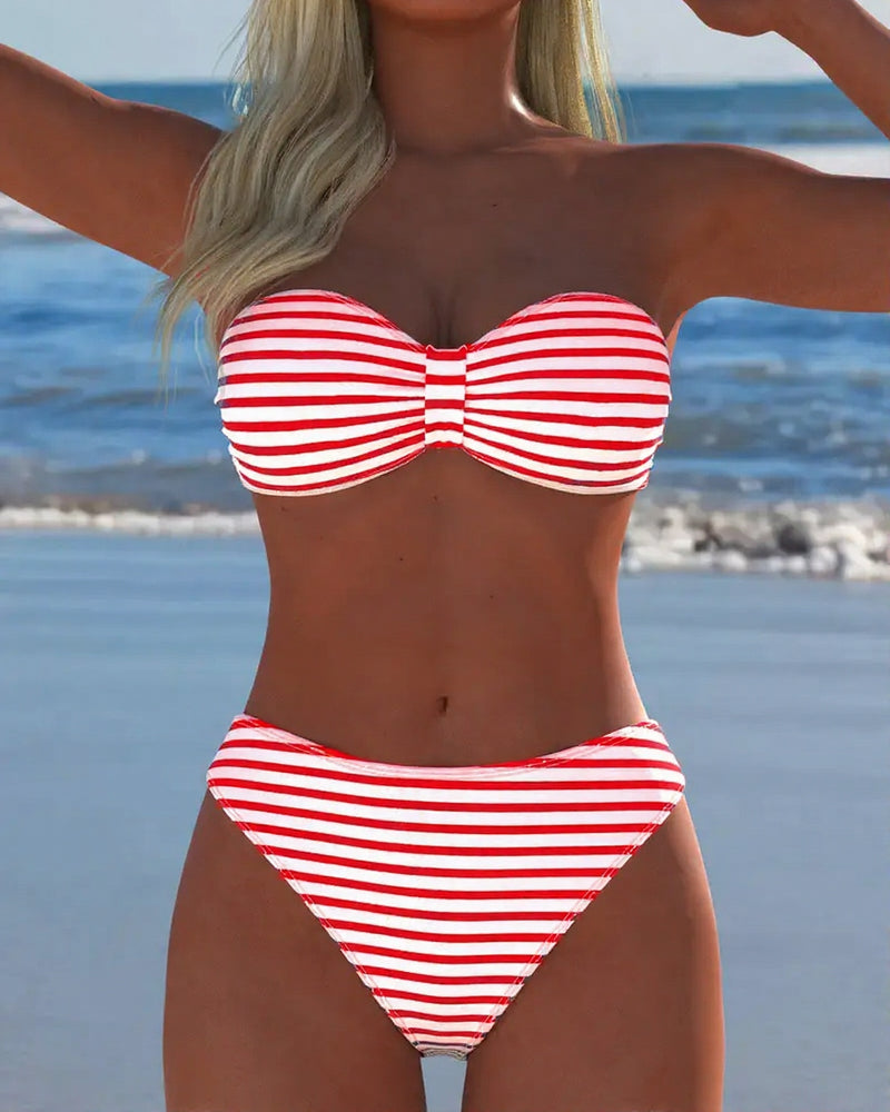 Bikini de talle alto a rayas, dos piezas, con top de triángulo