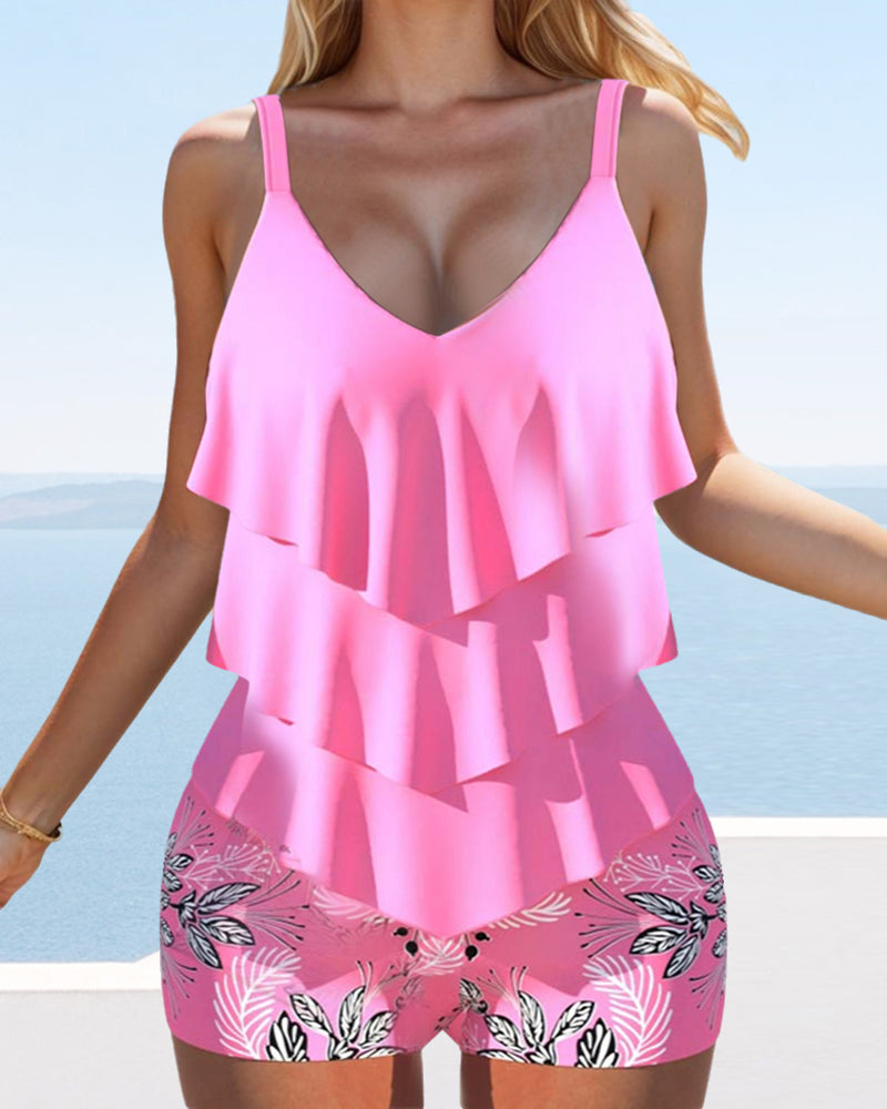 Tankini estampado con tirantes y volantes