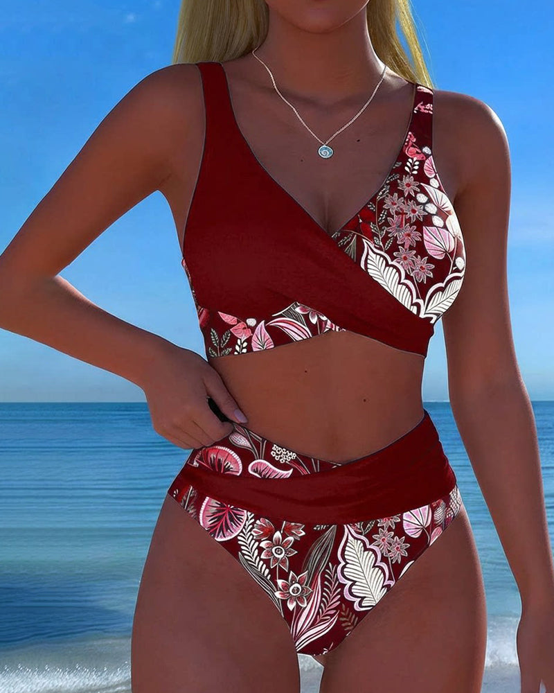 Bikini con contraste de color y estampado floral