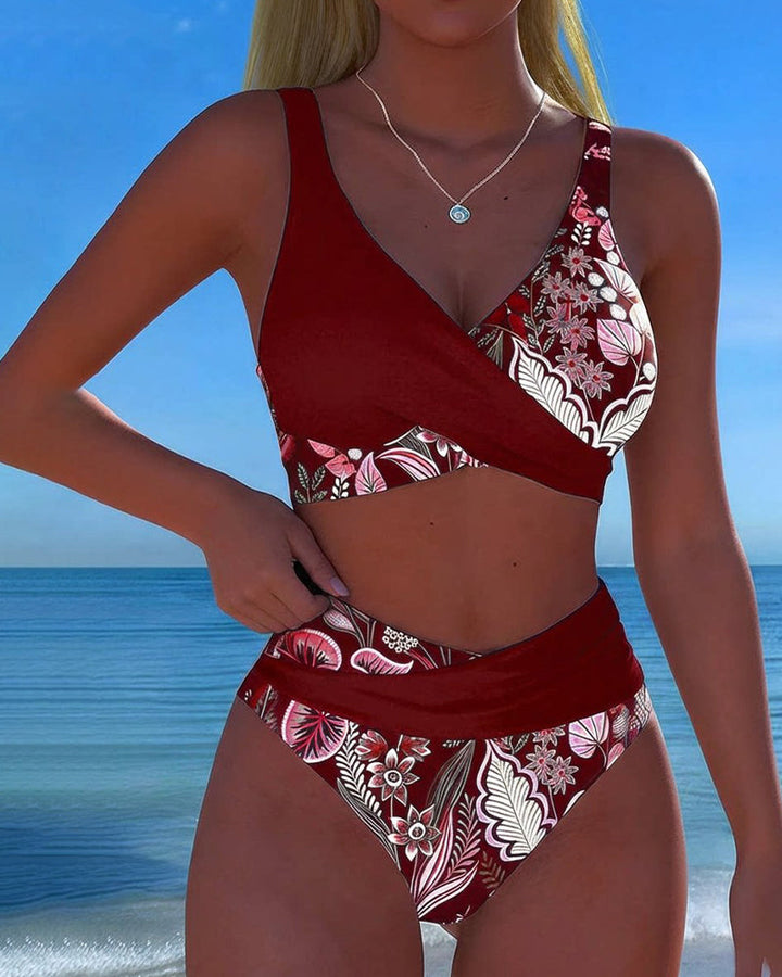 Bikini con contraste de color y estampado floral