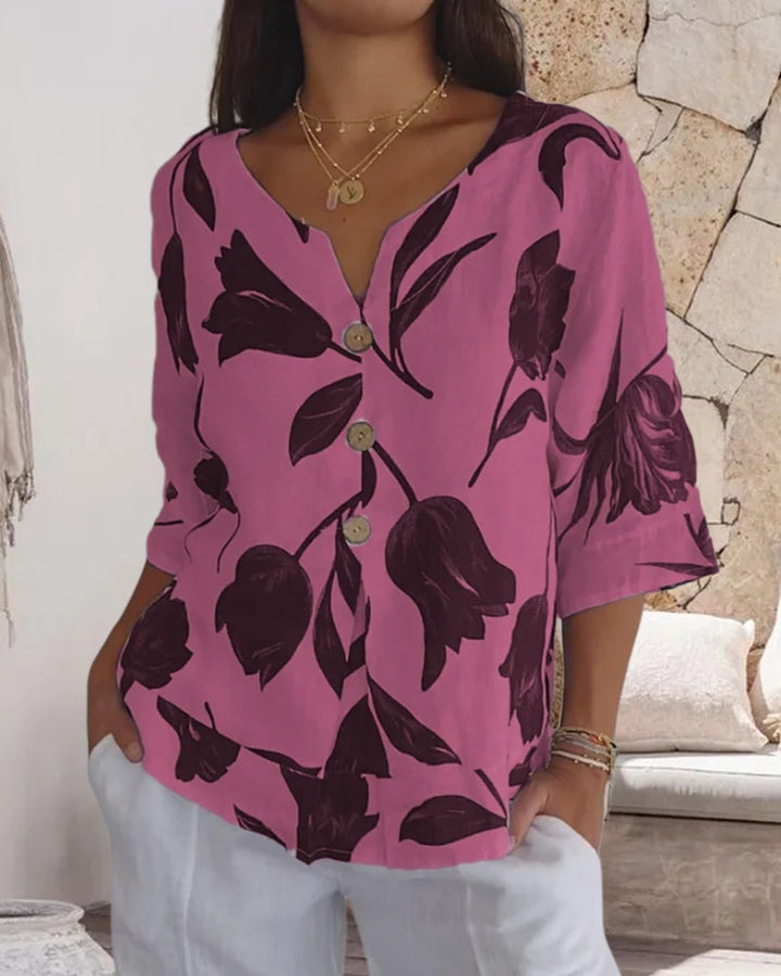 Top abotonado de algodón y lino con estampado floral