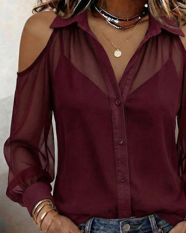Conjunto de dos piezas: blusa transparente con escote de hombros descubiertos y camisola