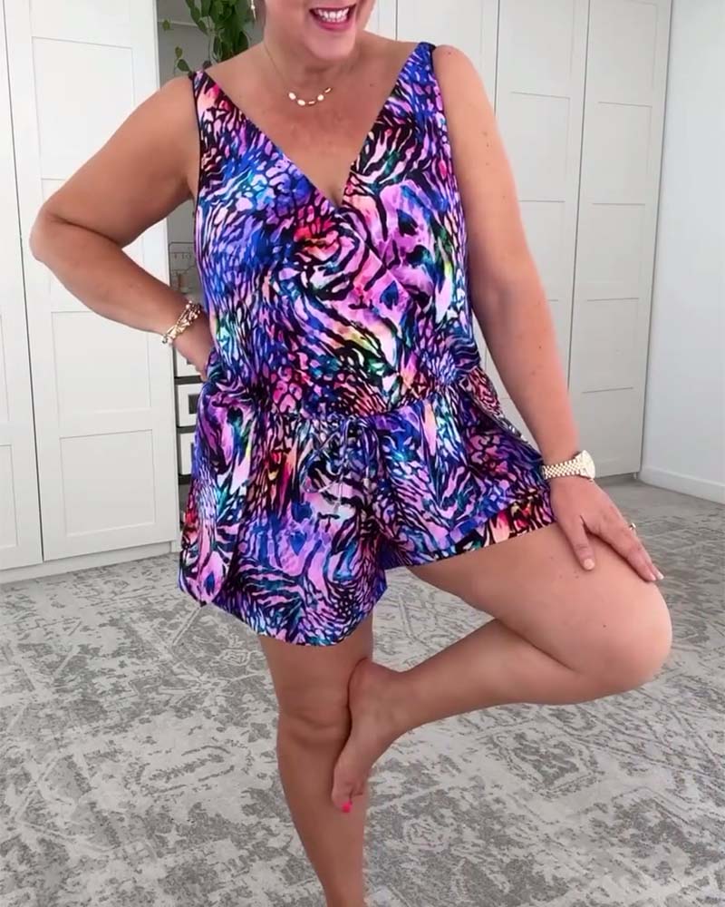Traje de baño de una pieza con escote en V y estampado colorido