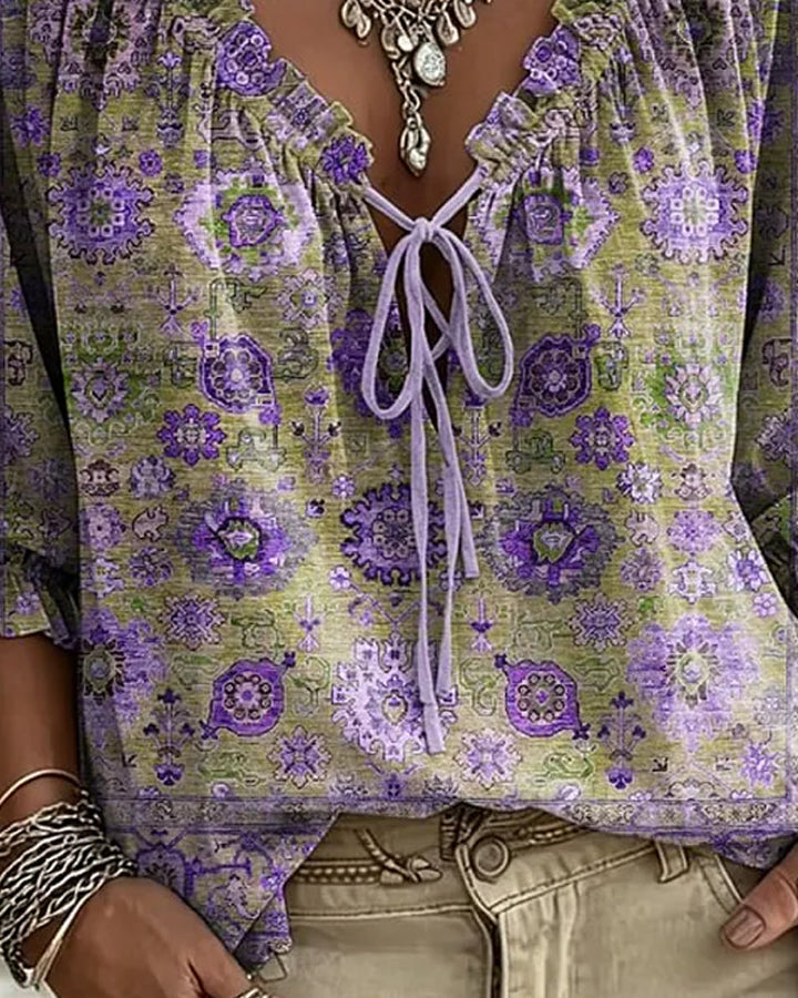 Blusa de escote en V con lazo, estampado vintage
