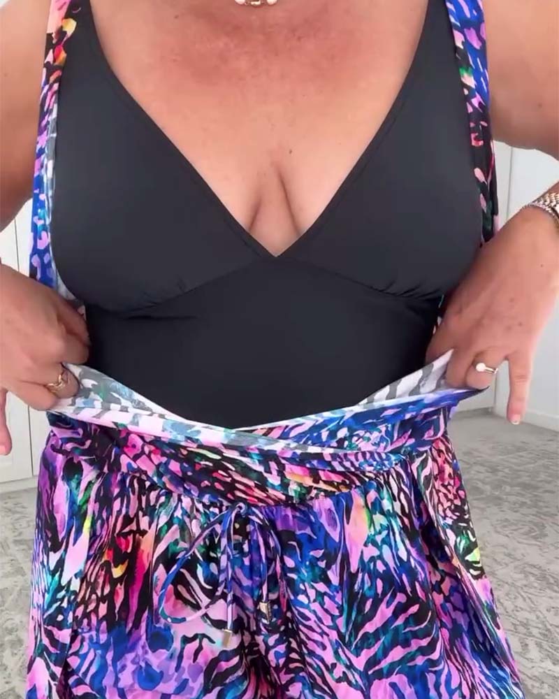 Traje de baño de una pieza con escote en V y estampado colorido
