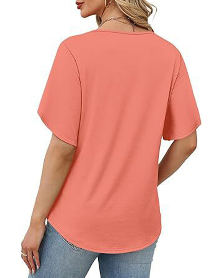 Camiseta de cuello en V, abertura pequeña, mangas cortas, lisa