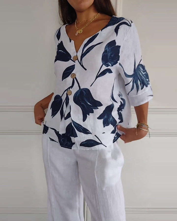 Top abotonado de algodón y lino con estampado floral