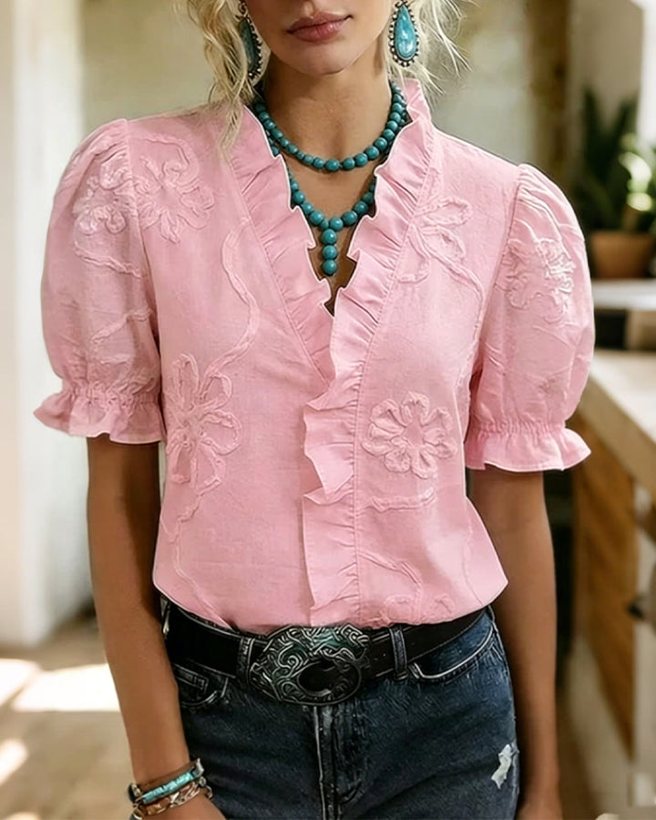 Blusa cuello en V con borde volante y manga abullonada