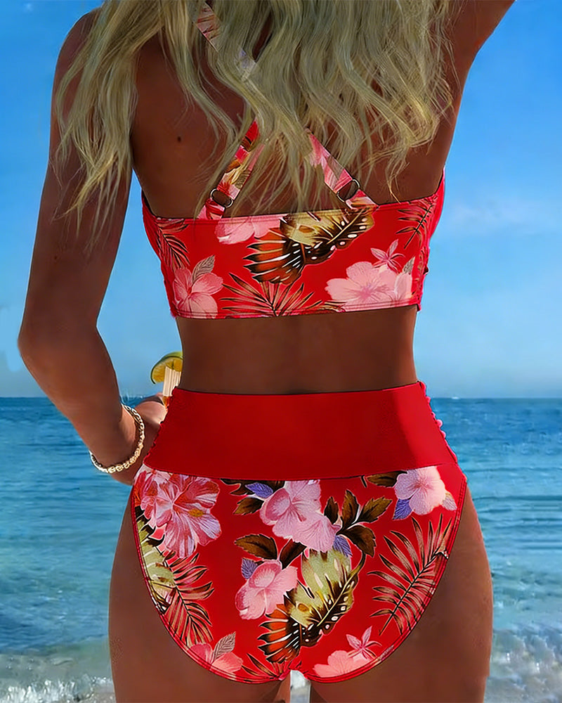 Bikini de contraste floral fendu