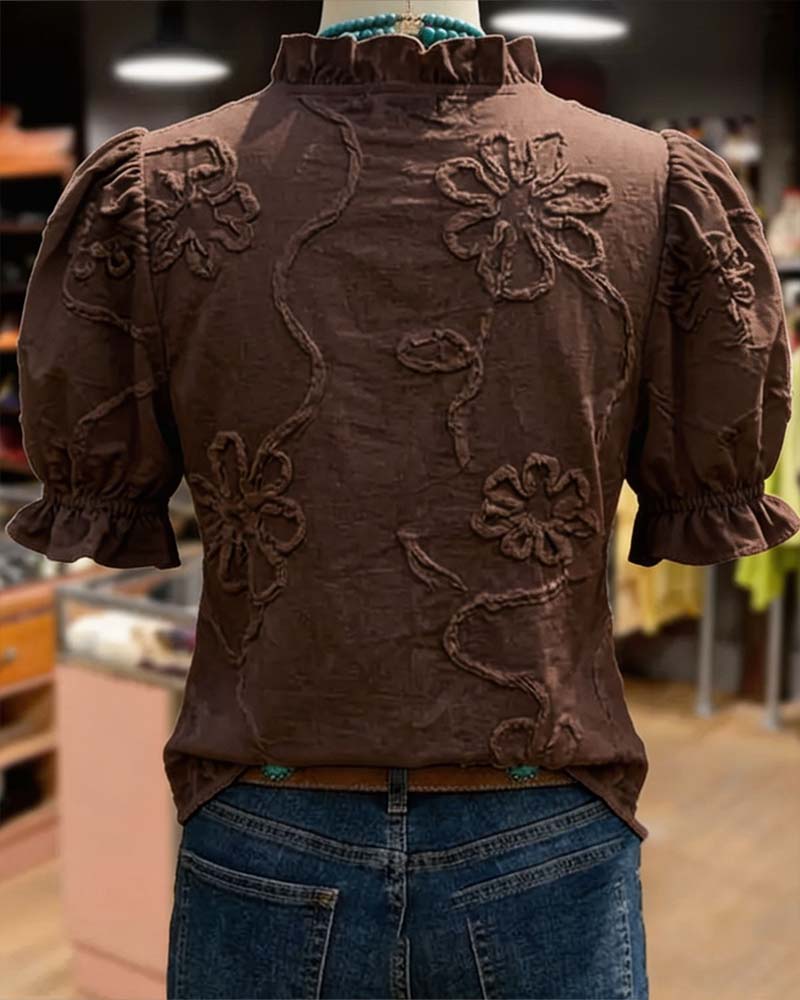 Blusa cuello en V con borde volante y manga abullonada