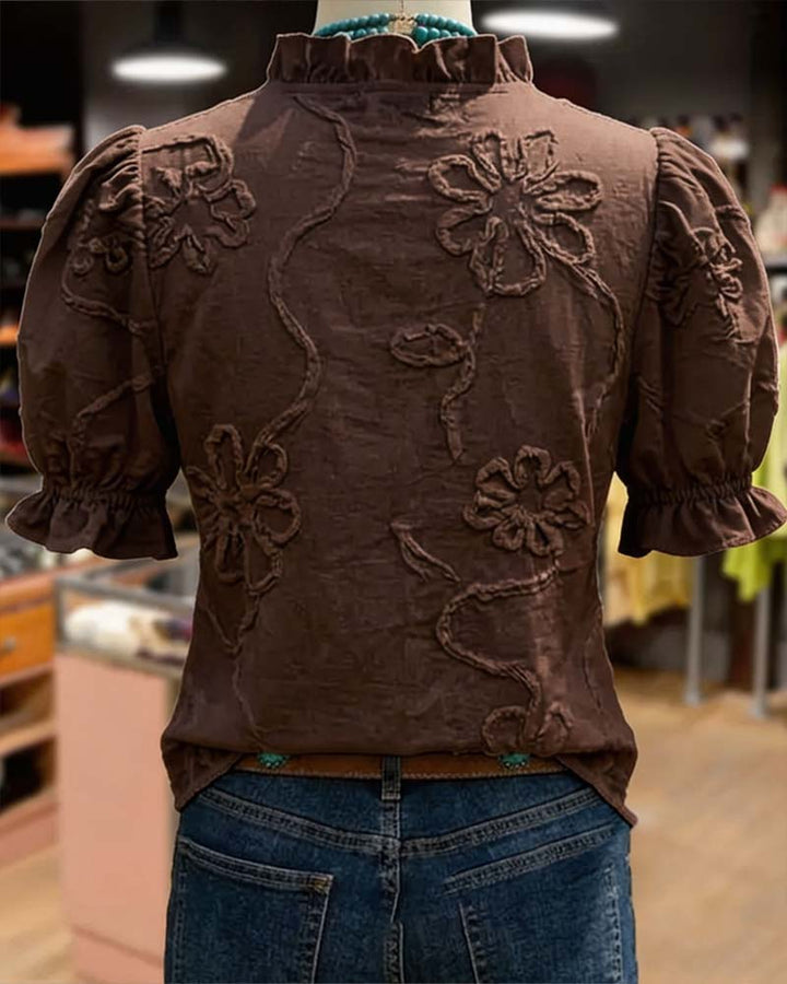 Blusa cuello en V con borde volante y manga abullonada