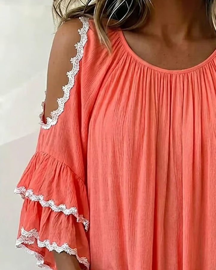 Blusa de hombros descubiertos con volante, manga murciélago y corte holgado