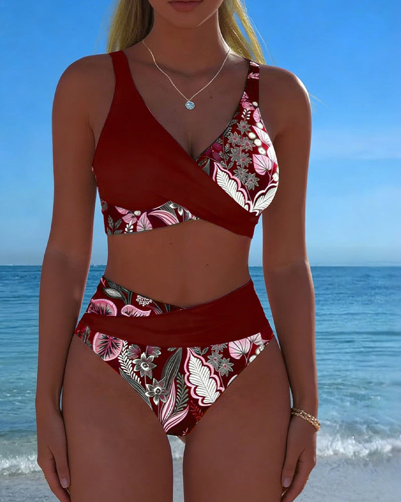 Bikini con contraste de color y estampado floral